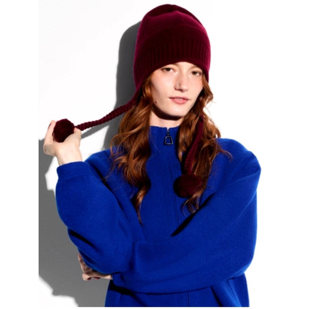 MZ Wallace Merlot Cashmere Beanie with Pom Poms